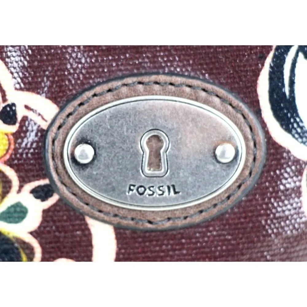 Fossil Key-Per COATED BROWN CANVAS FLORAL PRINT ID BILL CARD ZIP WALLET WRISTLET
